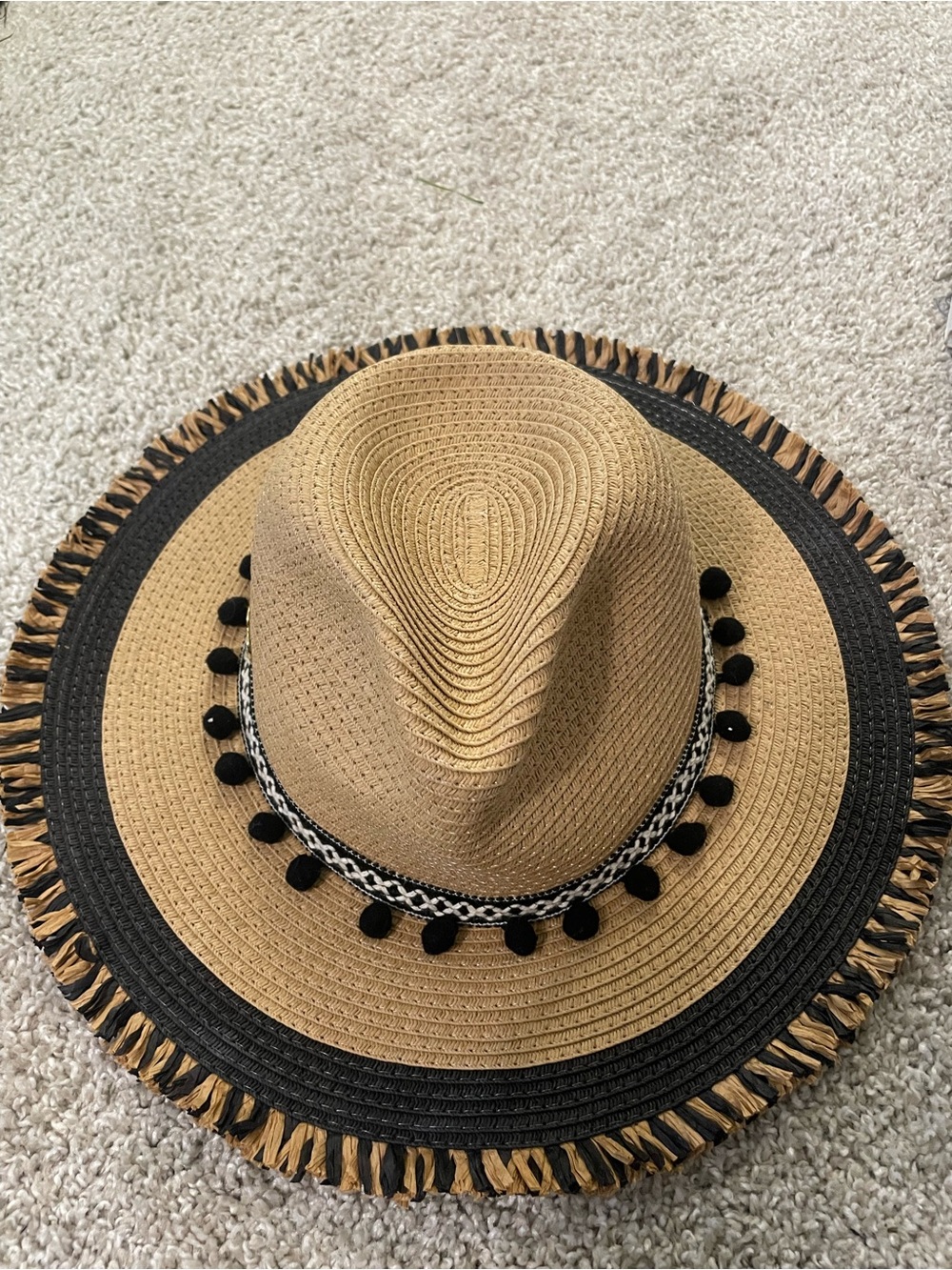 Betsey Johnson Straw Sun Hat with Black Pom Trim